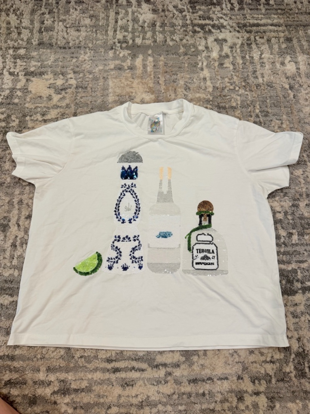 QUEEN OF SPARKLES White Sequin Tequila & Lime Short Sleeve Tee